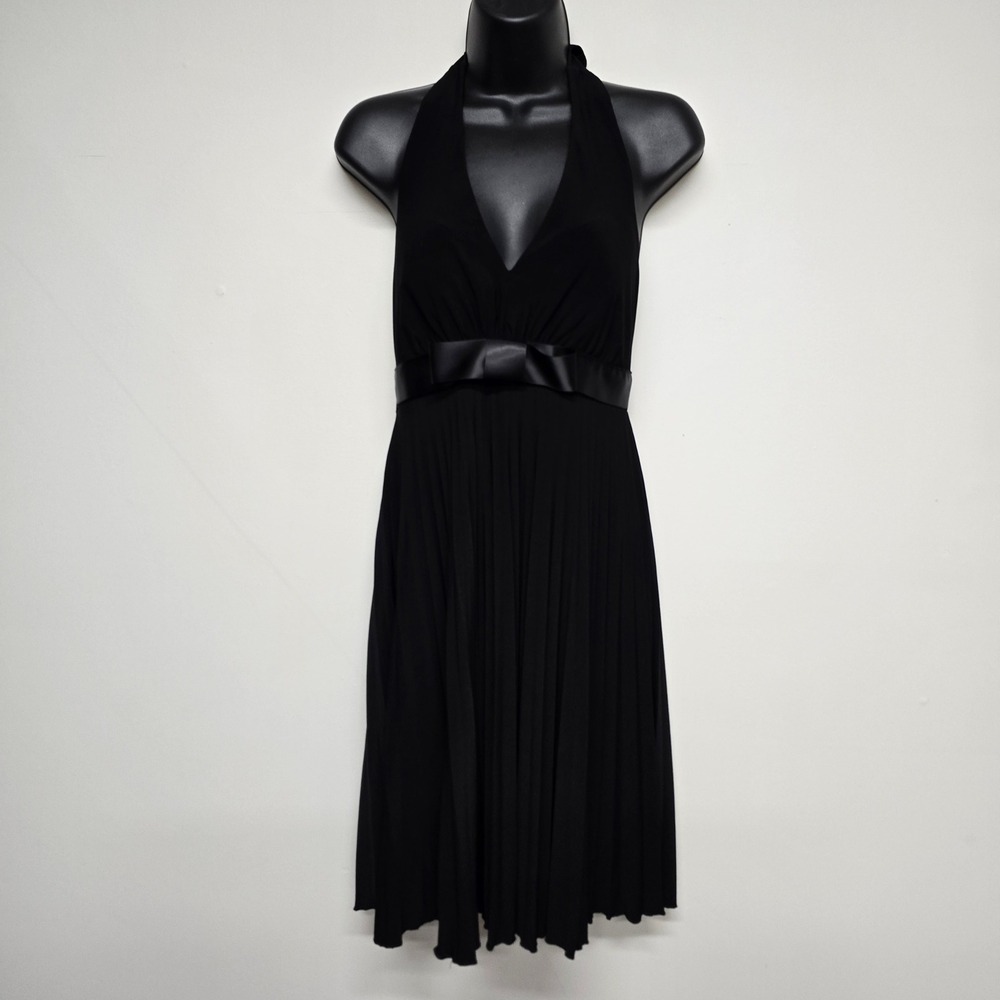 Frank Lyman Halter Pleated Dress Womens 6 Black Polyester Satin Bow Elegant